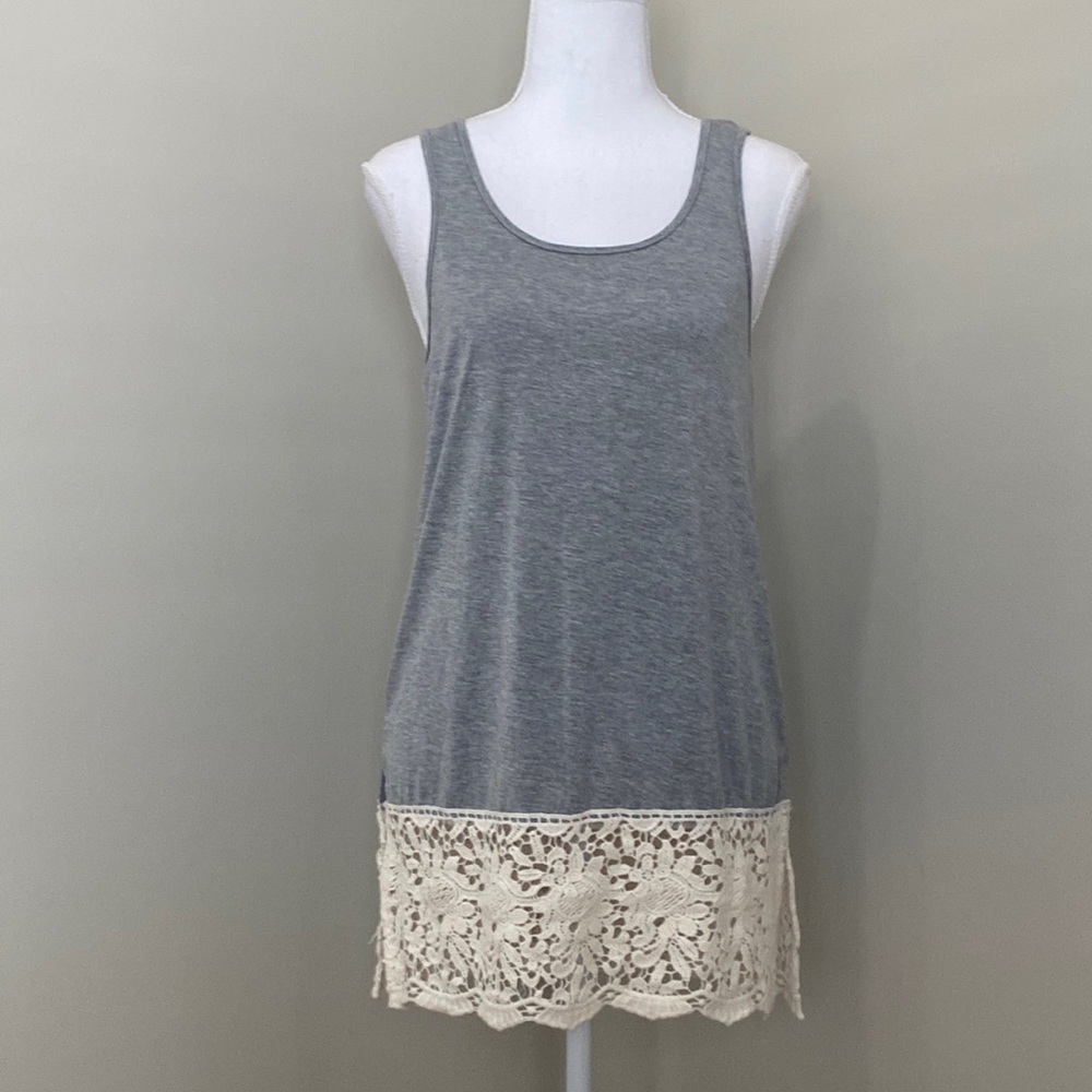 Grace & Lace Light Gray Tank Top Tunic with 6-inch White Lace Hem​